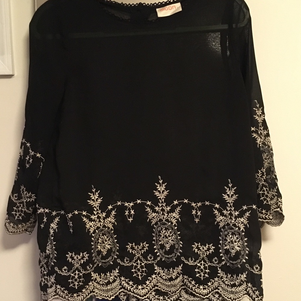 Moon Embroidered Sheer Top w/ Button-down Back